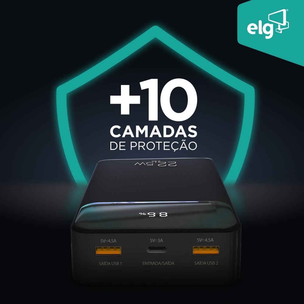Power Bank Pro 20000mAH, Bateria Portátil Universal, Carga Rápida, Display Indicador, Entradas Micro USB e USB-C, 2 Portas USB-A, Preto, PB200BK, ELG
