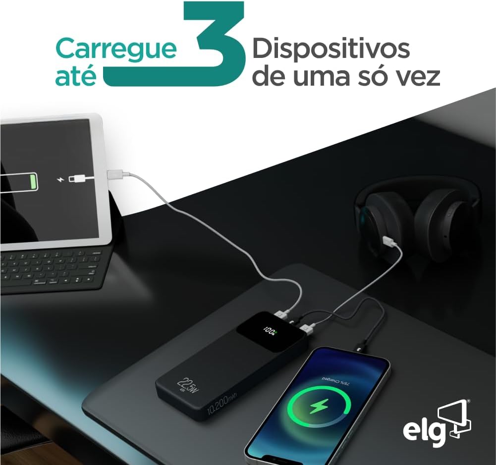 Power Bank 10200mAH, Bateria Portátil Universal, Carga Rápida, Display Indicador, Entradas Micro USB e USB-C, 2 Portas USB-A, Branco, PB102WH, ELG