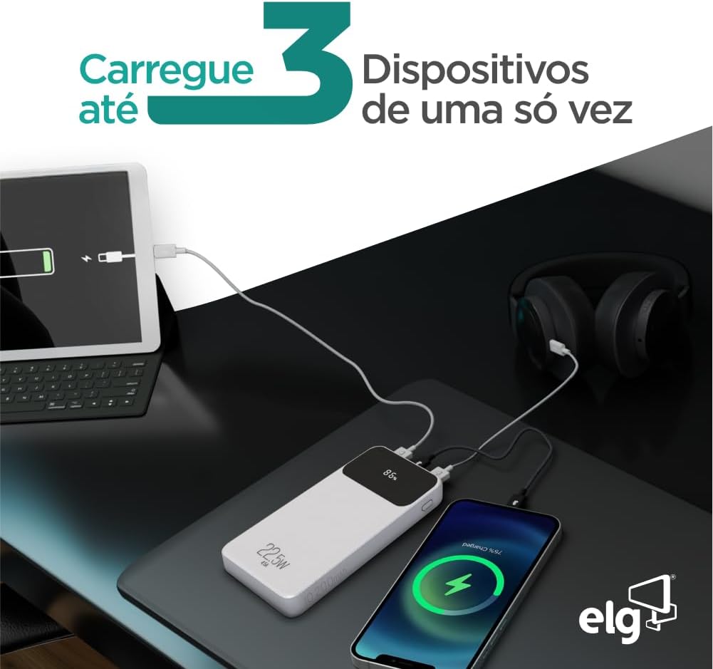 Power Bank 10200mAH, Bateria Portátil Universal, Carga Rápida, Display Indicador, Entradas Micro USB e USB-C, 2 Portas USB-A, Branco, PB102WH, ELG
