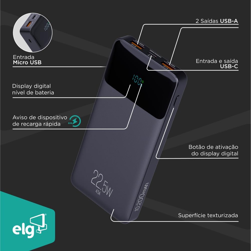 Power Bank 10200mAH, Bateria Portátil Universal, Carga Rápida, Display Indicador, Entradas Micro USB e USB-C, 2 Portas USB-A, Branco, PB102WH, ELG