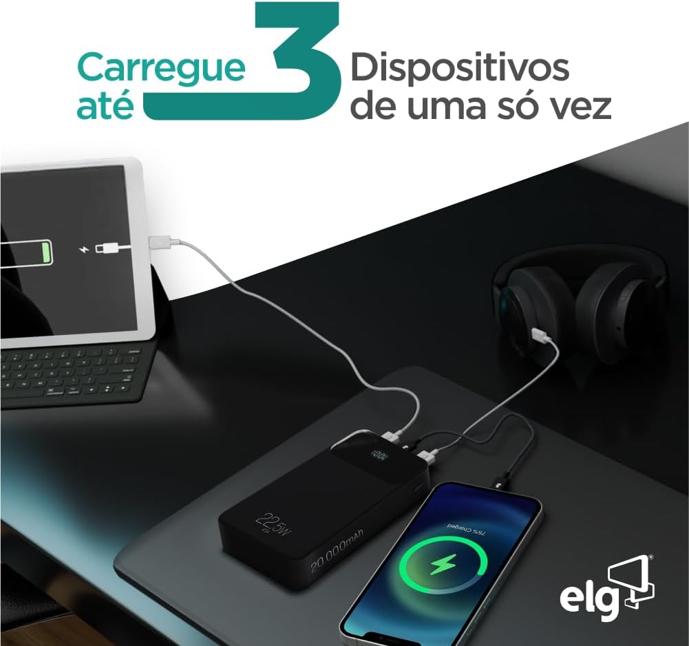 Power Bank Pro 20000mAH, Bateria Portátil Universal, Carga Rápida, Display Indicador, Entradas Micro USB e USB-C, 2 Portas USB-A, Preto, PB200BK, ELG