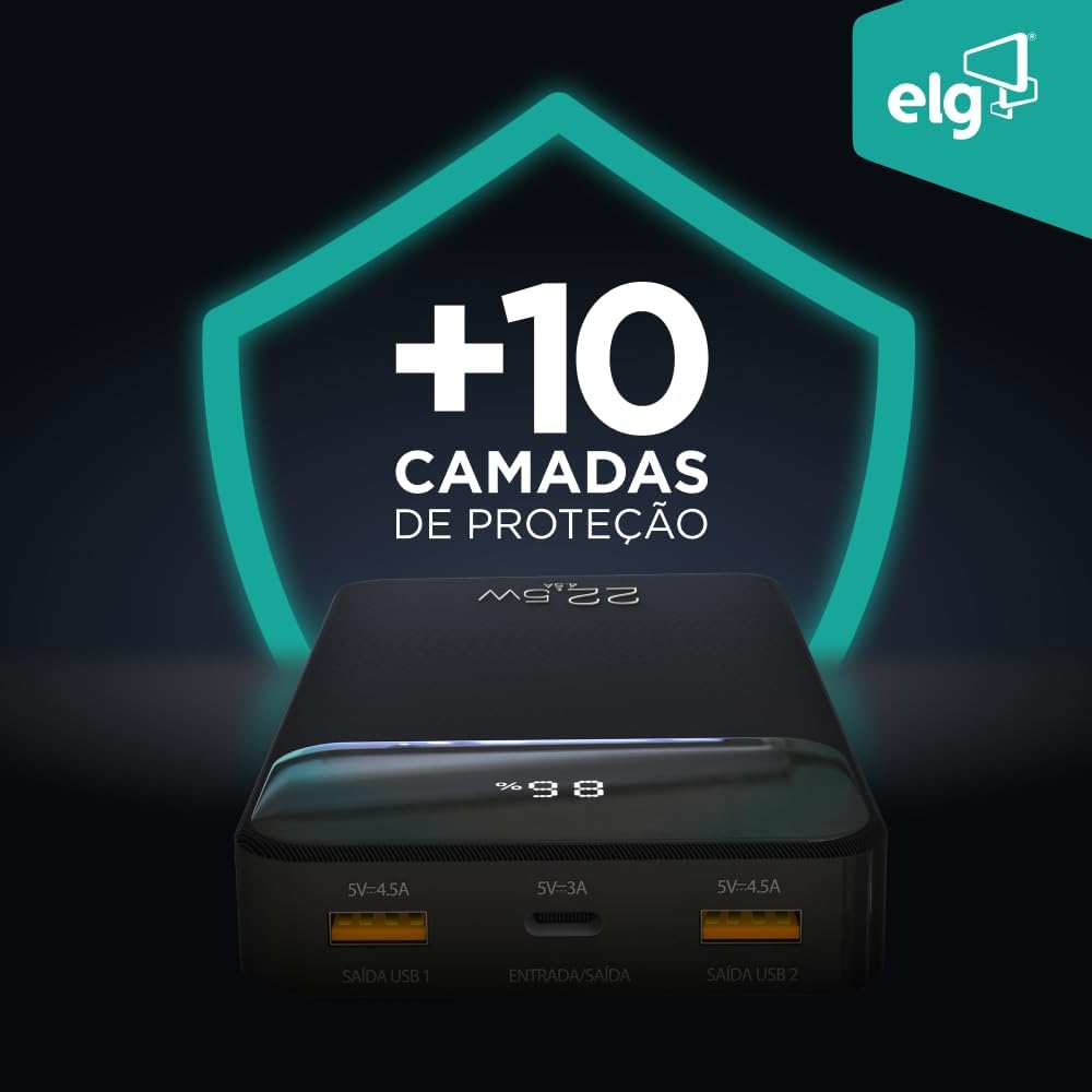 Power Bank 10200mAH, Bateria Portátil Universal, Carga Rápida, Display Indicador, Entradas Micro USB e USB-C, 2 Portas USB-A, Branco, PB102WH, ELG