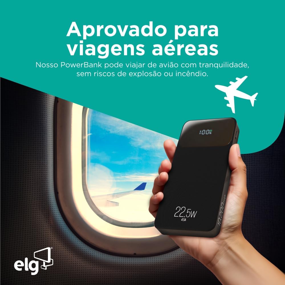Power Bank 10200mAH, Bateria Portátil Universal, Carga Rápida, Display Indicador, Entradas Micro USB e USB-C, 2 Portas USB-A, Branco, PB102WH, ELG