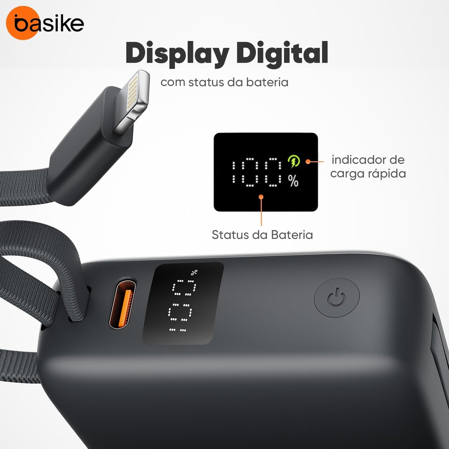 Basike Carregador Portátil 10000mAh, Mini Power Bank com Cabos Integrados, Carregamento Rápido 22.5W(MAX), Pequeno, Led Indicador de Bateria para iPhone/Samsung/Huawei/Xiaomi, etc (Cinza)