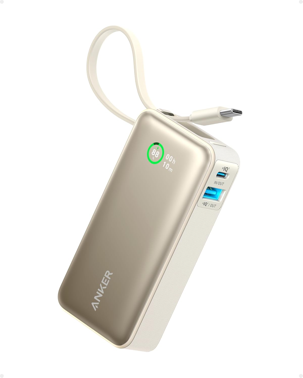 Anker Nano Power Bank, Carregador Portátil de 10.000 mAh com Cabo USB-C Integrado, Saída Máxima de 30W, para iPhone 17/iPhone 16/Série 15, MacBook, AirPods e Mais, Preto