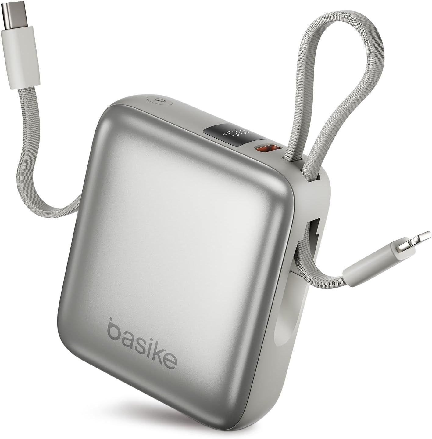 Basike Carregador Portátil 10000mAh, Mini Power Bank com Cabos Integrados, Carregamento Rápido 22.5W(MAX), Pequeno, Led Indicador de Bateria para iPhone/Samsung/Huawei/Xiaomi, etc (Cinza)