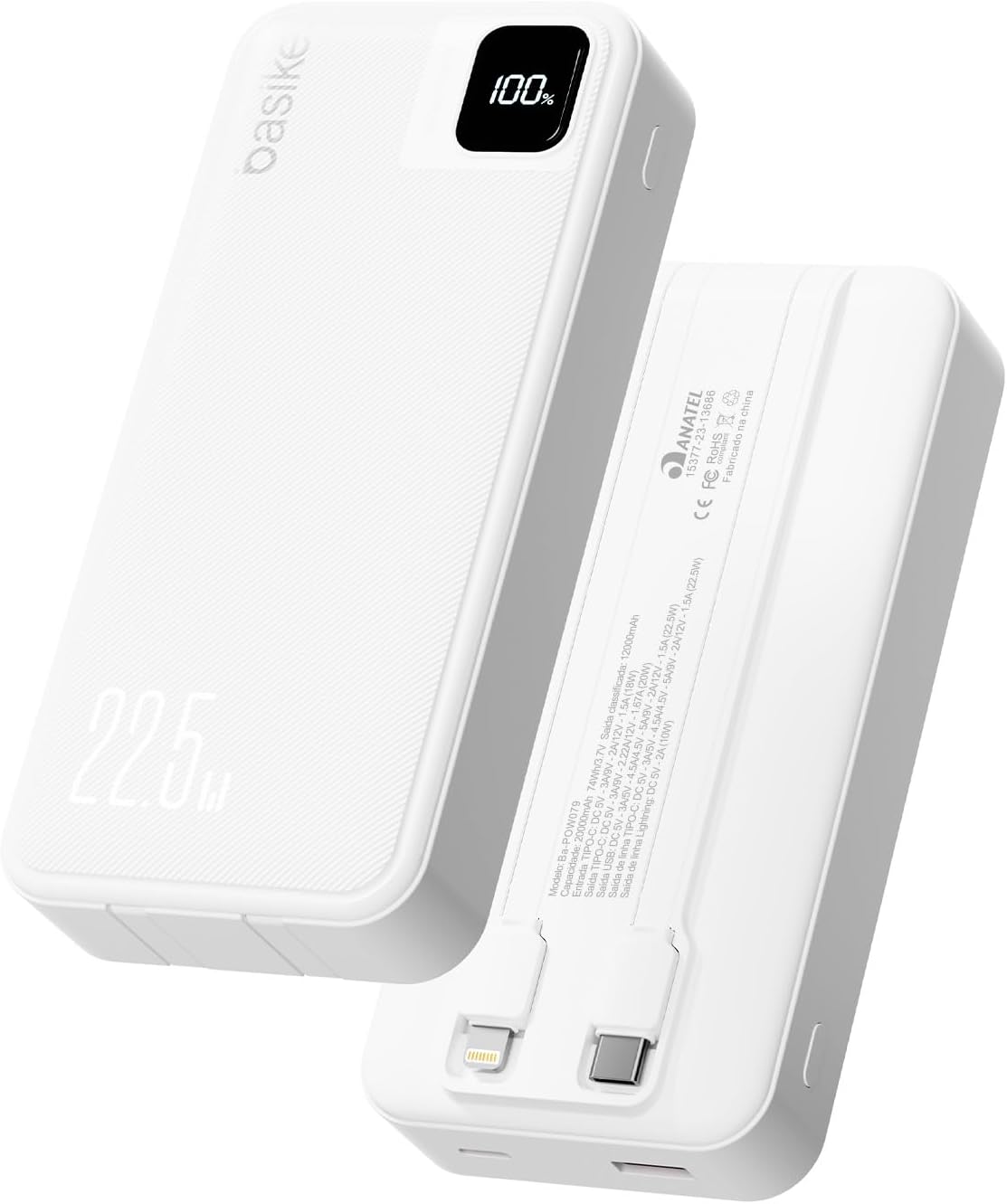 Basike Power Bank, Carregador Portátil Universal 20000mAh, USB-A(até 22.5W)+USB-C(até PD20W), com 2 Cabos Integrados (USB-C, Lightning) Carregamento Rápido, Led Indicador de Bateria (Preto)