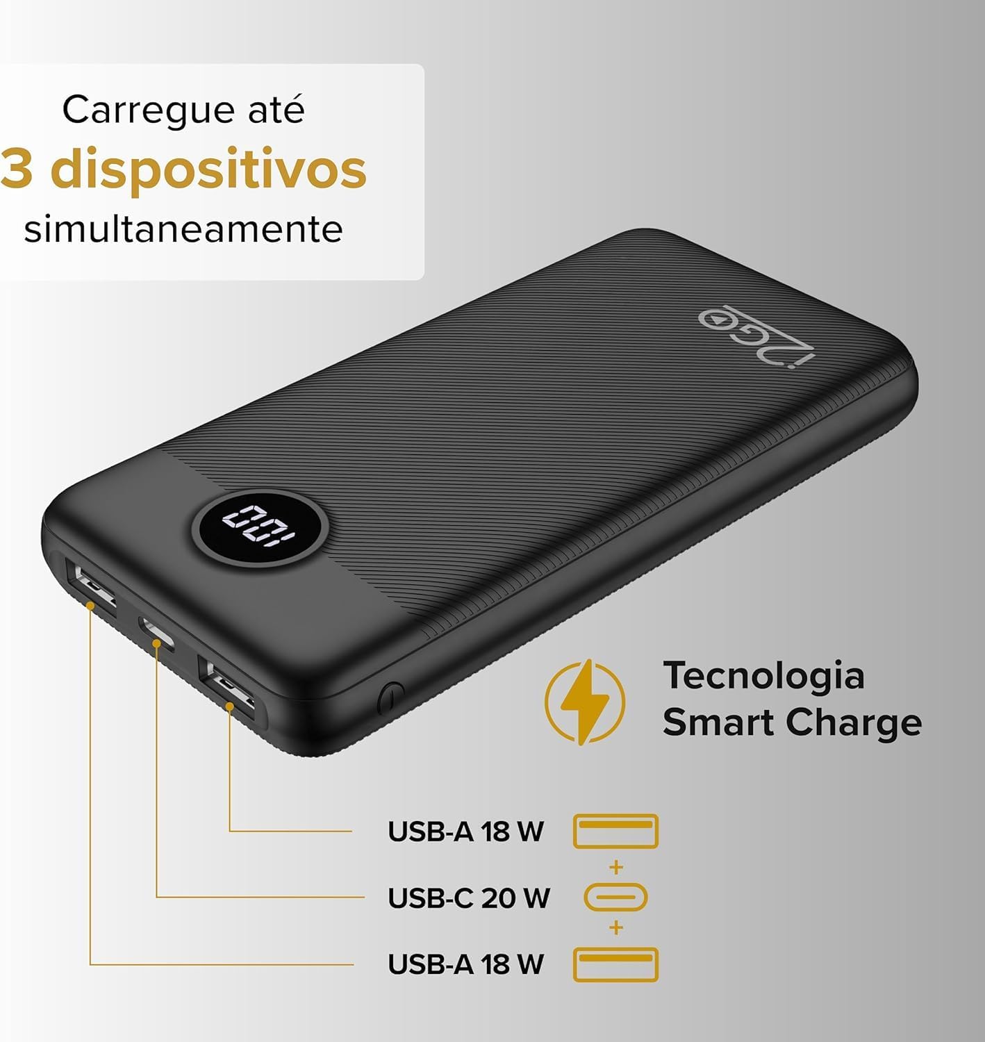 I2GO, Carregador Portátil (Power Bank) Ultra Rápido 20000mAh, Power Delivery 20W, 2 Saídas USB + 1 Saída/Entrada USB-C, Preto, i2GO PRO