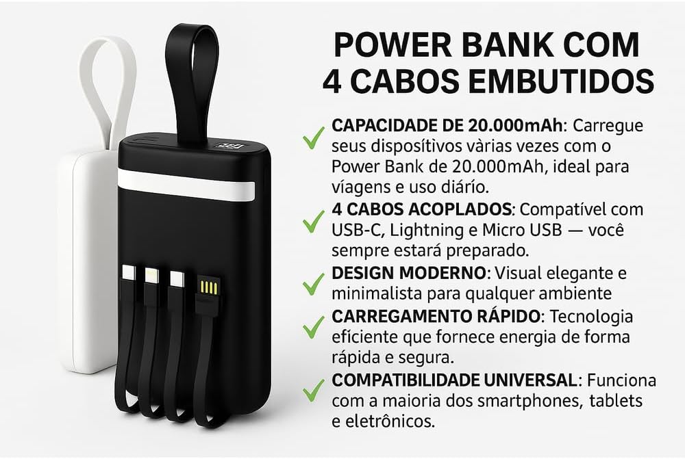 Power Bank, Carregador Portátil de 20000mAh com Carga Rápida, Múltiplas Portas, Design Leve e Proteção Inteligente para Dispositivos Preto
