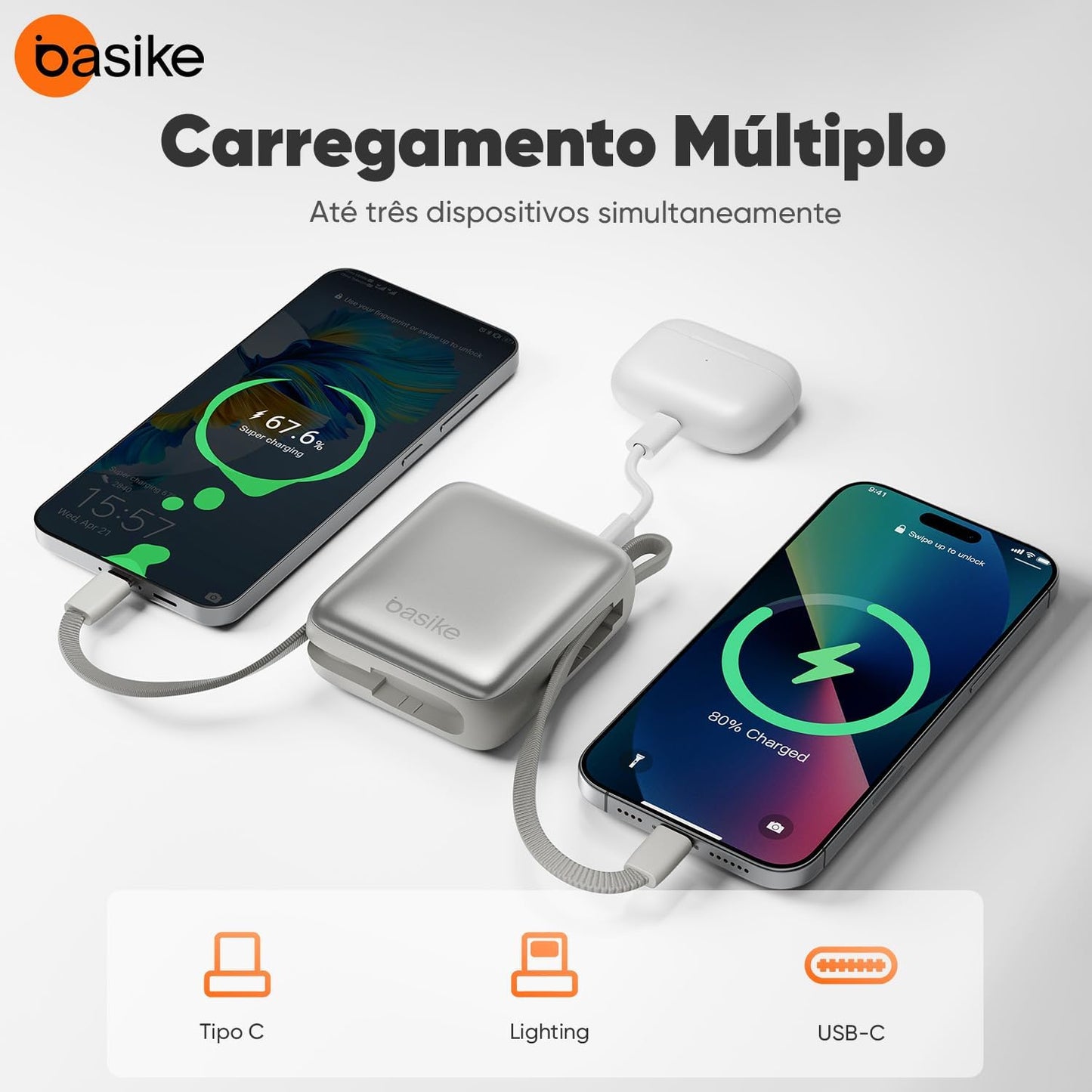 Basike Carregador Portátil 10000mAh, Mini Power Bank com Cabos Integrados, Carregamento Rápido 22.5W(MAX), Pequeno, Led Indicador de Bateria para iPhone/Samsung/Huawei/Xiaomi, etc (Cinza)