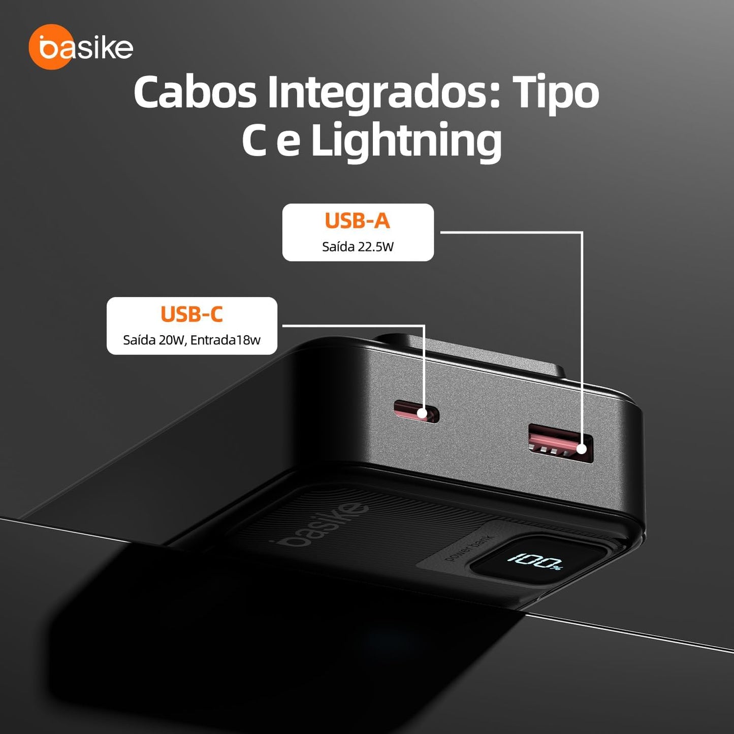 Basike Power Bank, Carregador Portátil Universal 20000mAh, USB-A(até 22.5W)+USB-C(até PD20W), com 2 Cabos Integrados (USB-C, Lightning) Carregamento Rápido, Led Indicador de Bateria (Preto)