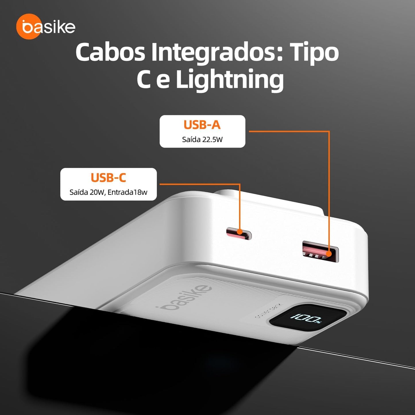 Basike Power Bank, Carregador Portátil Universal 20000mAh, USB-A(até 22.5W)+USB-C(até PD20W), com 2 Cabos Integrados (USB-C, Lightning) Carregamento Rápido, Led Indicador de Bateria (Preto)