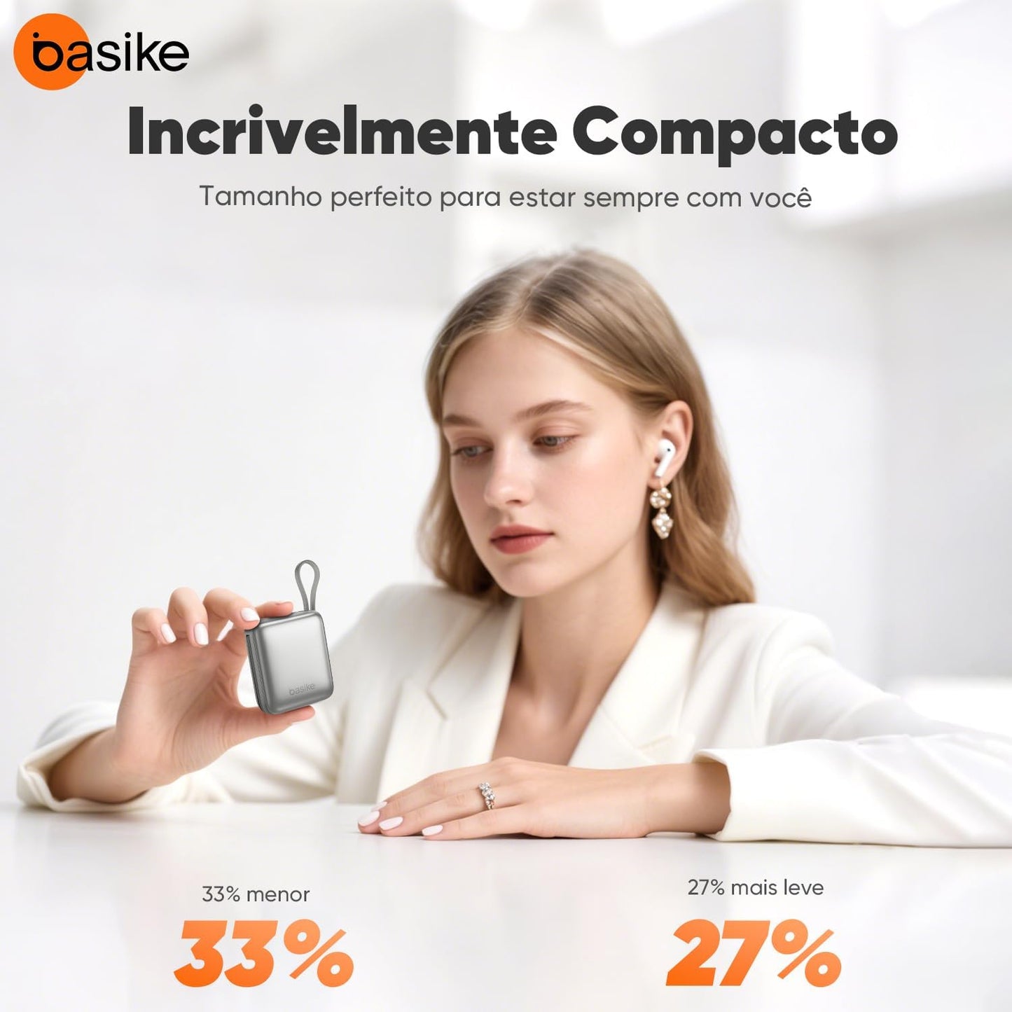 Basike Carregador Portátil 10000mAh, Mini Power Bank com Cabos Integrados, Carregamento Rápido 22.5W(MAX), Pequeno, Led Indicador de Bateria para iPhone/Samsung/Huawei/Xiaomi, etc (Cinza)