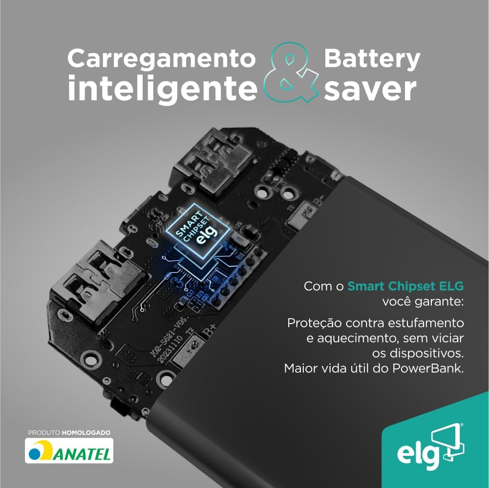 Power Bank 10200mAH, Bateria Portátil Universal, Carga Rápida, Display Indicador, Entradas Micro USB e USB-C, 2 Portas USB-A, Branco, PB102WH, ELG