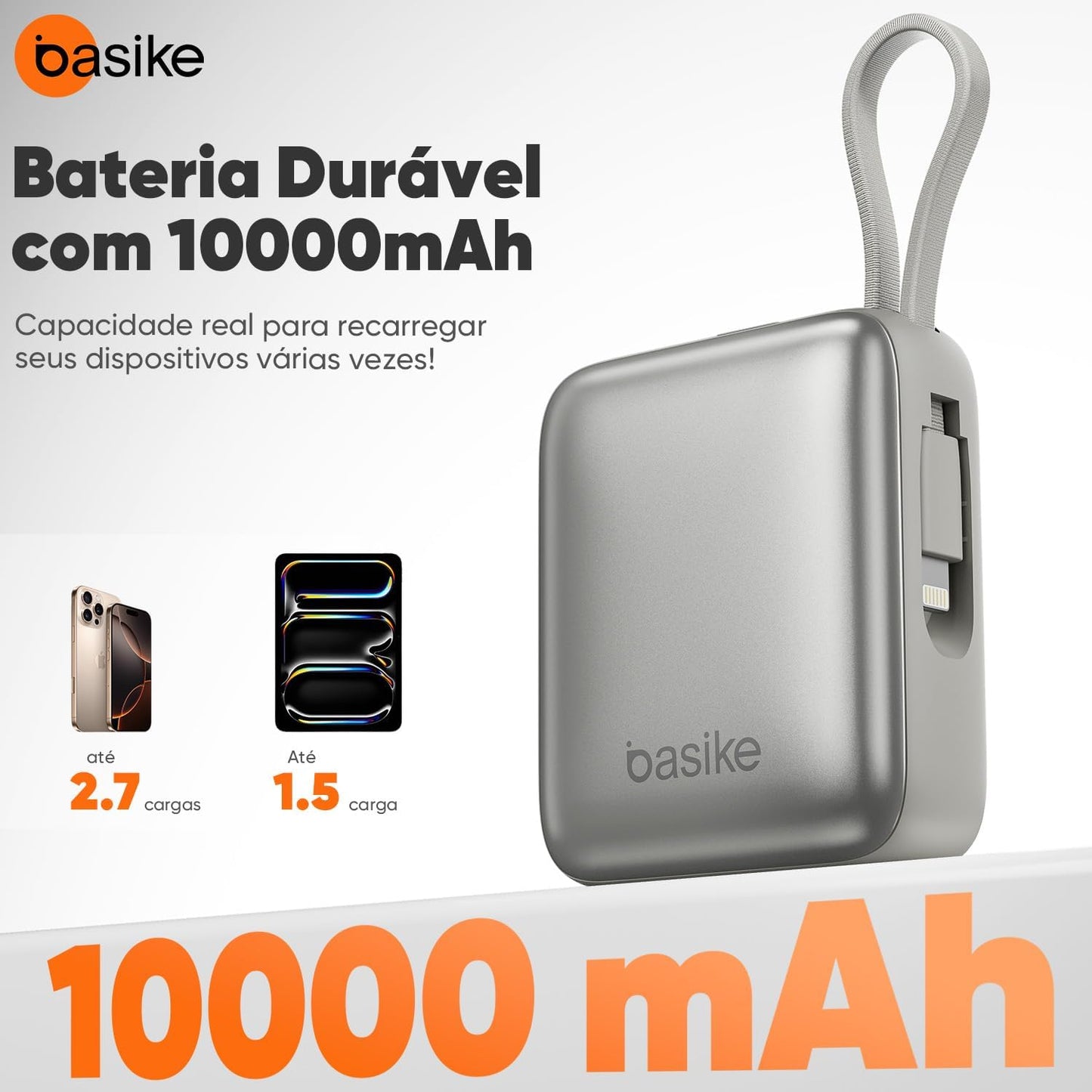 Basike Carregador Portátil 10000mAh, Mini Power Bank com Cabos Integrados, Carregamento Rápido 22.5W(MAX), Pequeno, Led Indicador de Bateria para iPhone/Samsung/Huawei/Xiaomi, etc (Cinza)