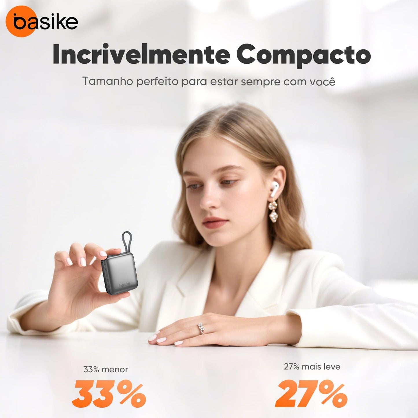 Basike Carregador Portátil 10000mAh, Mini Power Bank com Cabos Integrados, Carregamento Rápido 22.5W(MAX), Pequeno, Led Indicador de Bateria para iPhone/Samsung/Huawei/Xiaomi, etc (Cinza)