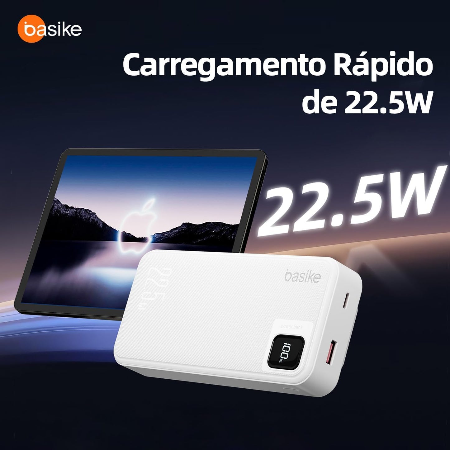 Basike Power Bank, Carregador Portátil Universal 20000mAh, USB-A(até 22.5W)+USB-C(até PD20W), com 2 Cabos Integrados (USB-C, Lightning) Carregamento Rápido, Led Indicador de Bateria (Preto)