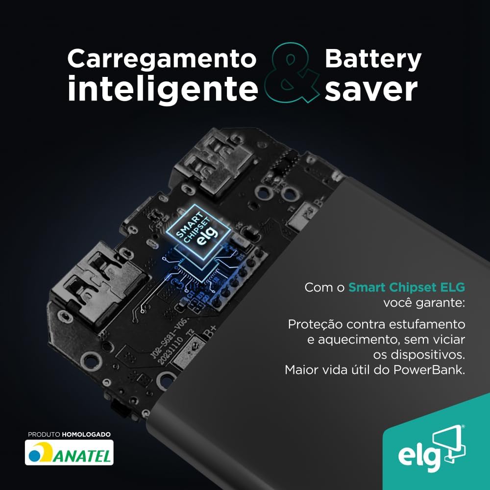Power Bank Pro 20000mAH, Bateria Portátil Universal, Carga Rápida, Display Indicador, Entradas Micro USB e USB-C, 2 Portas USB-A, Preto, PB200BK, ELG