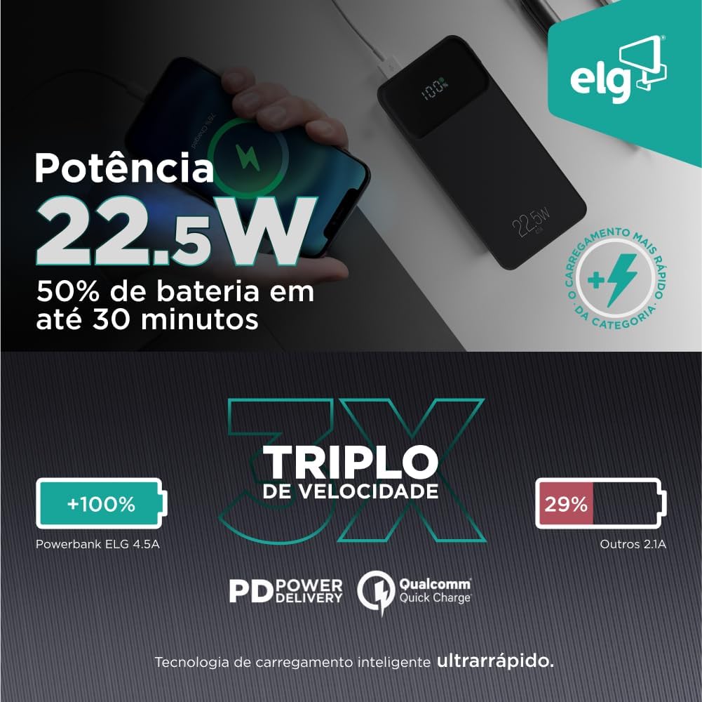 Power Bank Pro 20000mAH, Bateria Portátil Universal, Carga Rápida, Display Indicador, Entradas Micro USB e USB-C, 2 Portas USB-A, Preto, PB200BK, ELG