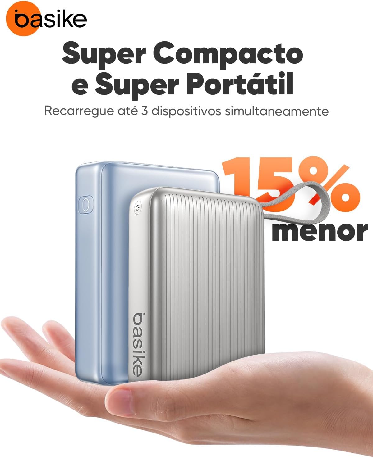 Basike Power Bank, Carregador Portátil 20000mAh 45W, 3-Saídas com Cabo USB-C Integrado, Bateria Externa de Carregamento Rápido PPS/PD/QC para iPhone Séries 16/15/14/13, Samsung S25/24/23/22/21 (Prata)