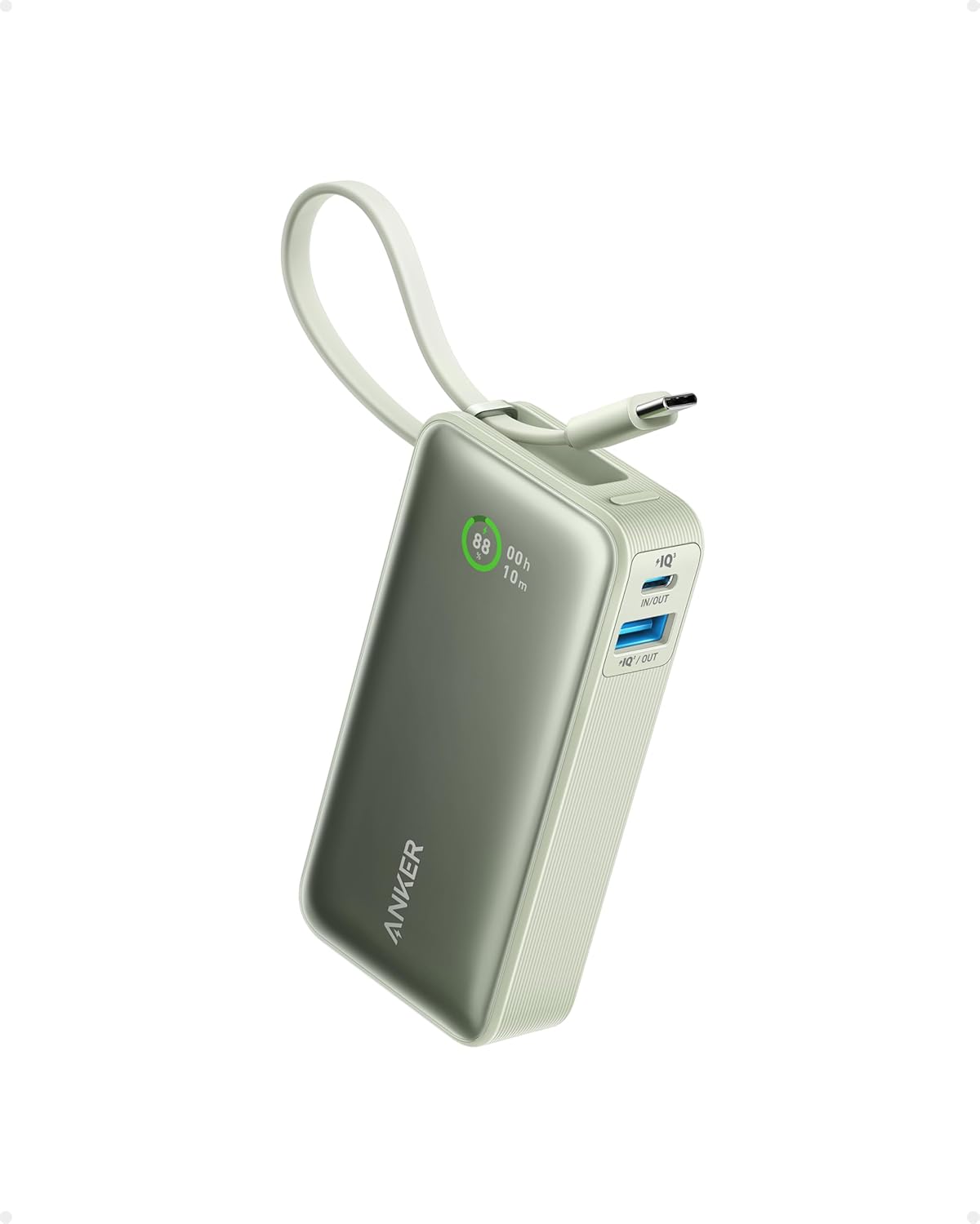 Anker Nano Power Bank, Carregador Portátil de 10.000 mAh com Cabo USB-C Integrado, Saída Máxima de 30W, para iPhone 17/iPhone 16/Série 15, MacBook, AirPods e Mais, Preto