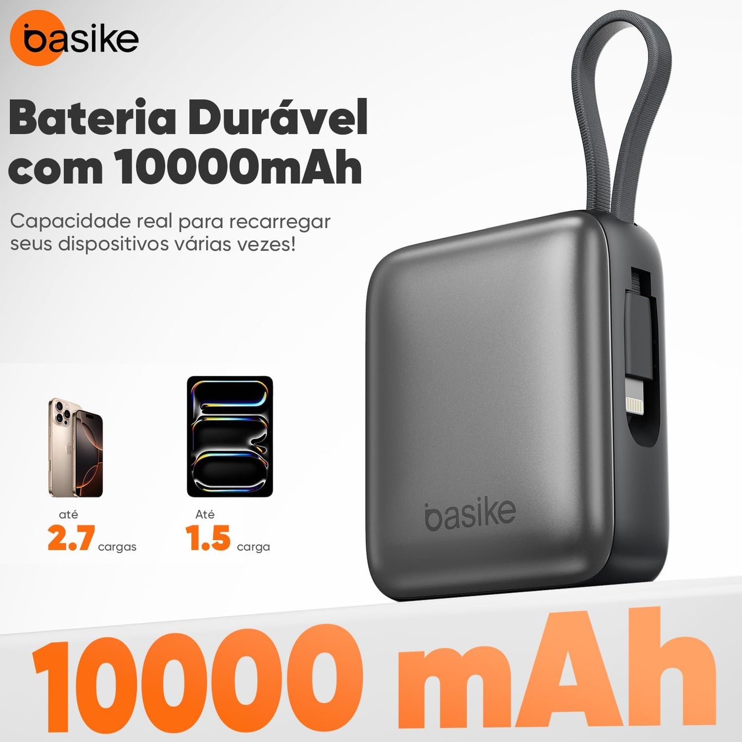 Basike Carregador Portátil 10000mAh, Mini Power Bank com Cabos Integrados, Carregamento Rápido 22.5W(MAX), Pequeno, Led Indicador de Bateria para iPhone/Samsung/Huawei/Xiaomi, etc (Cinza)