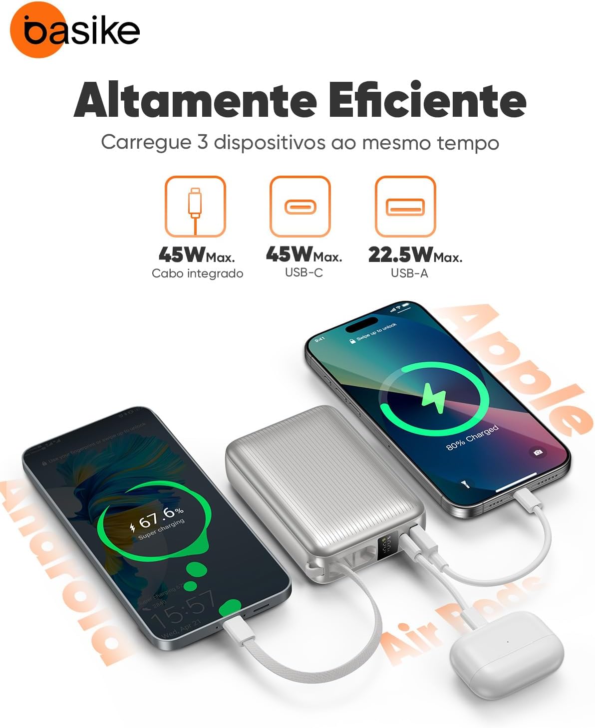 Basike Power Bank, Carregador Portátil 20000mAh 45W, 3-Saídas com Cabo USB-C Integrado, Bateria Externa de Carregamento Rápido PPS/PD/QC para iPhone Séries 16/15/14/13, Samsung S25/24/23/22/21 (Prata)