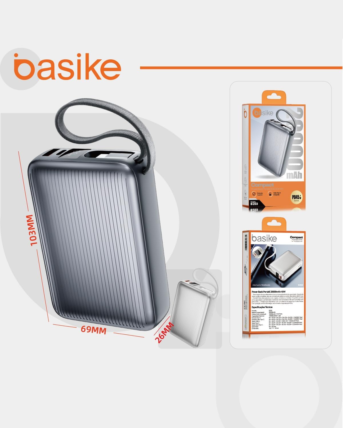 Basike Power Bank, Carregador Portátil 20000mAh 45W, 3-Saídas com Cabo USB-C Integrado, Bateria Externa de Carregamento Rápido PPS/PD/QC para iPhone Séries 16/15/14/13, Samsung S25/24/23/22/21 (Prata)
