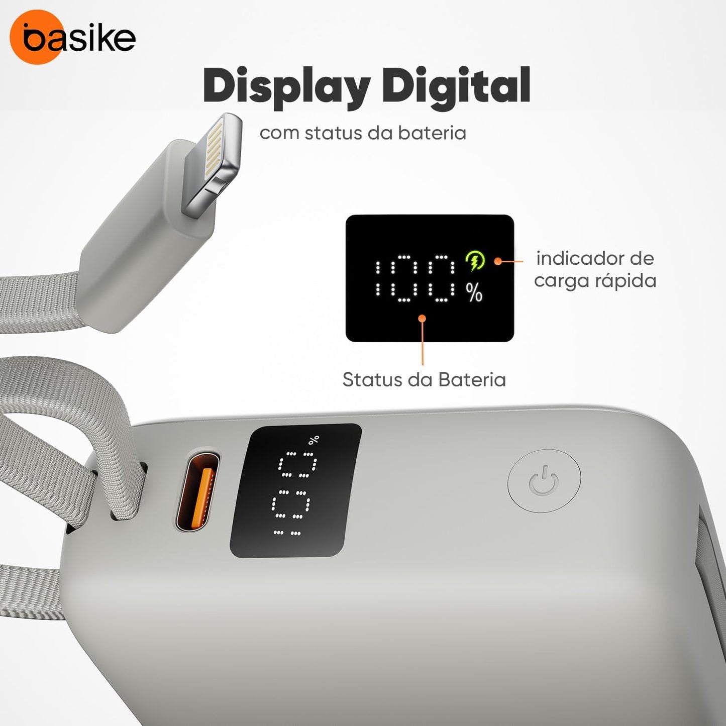 Basike Carregador Portátil 10000mAh, Mini Power Bank com Cabos Integrados, Carregamento Rápido 22.5W(MAX), Pequeno, Led Indicador de Bateria para iPhone/Samsung/Huawei/Xiaomi, etc (Cinza)