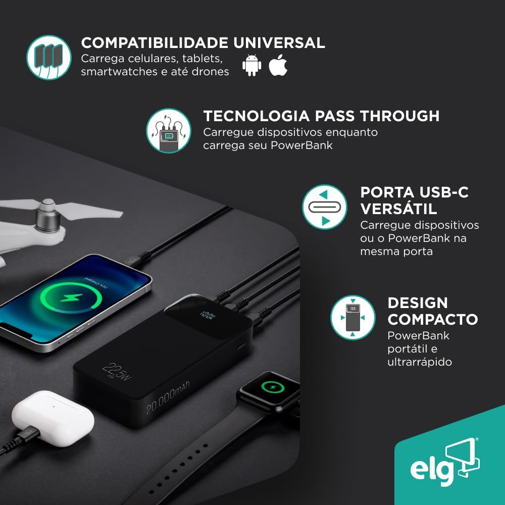 Power Bank Pro 20000mAH, Bateria Portátil Universal, Carga Rápida, Display Indicador, Entradas Micro USB e USB-C, 2 Portas USB-A, Preto, PB200BK, ELG