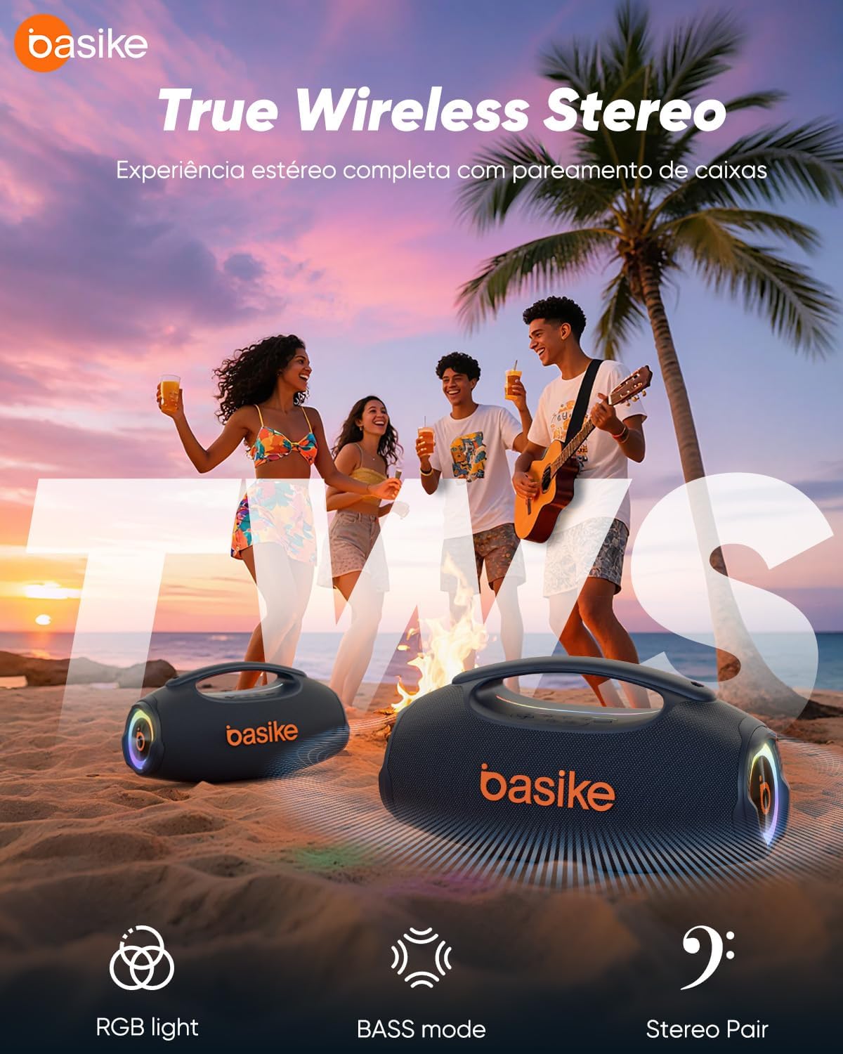 Basike Caixa de Som Bluetooth Portátil 80W RMS (Pico 120W), TWS Estéreo, Modos EQ, Luzes RGB, IPX6 Resistente à Água, Bateria 8000mAh, para Home Theater, Festa e Uso Externo – Preto