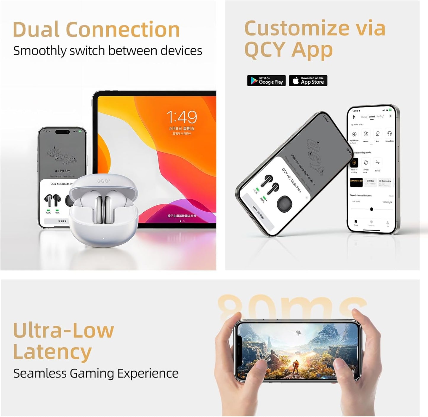 Fones de Ouvido QCY MeloBuds Pro, Fone Bluetooth com Cancelamento de Ruído Ativo, Certificação Hi-Res, 34 Horas De Reprodução, Preto (Black)