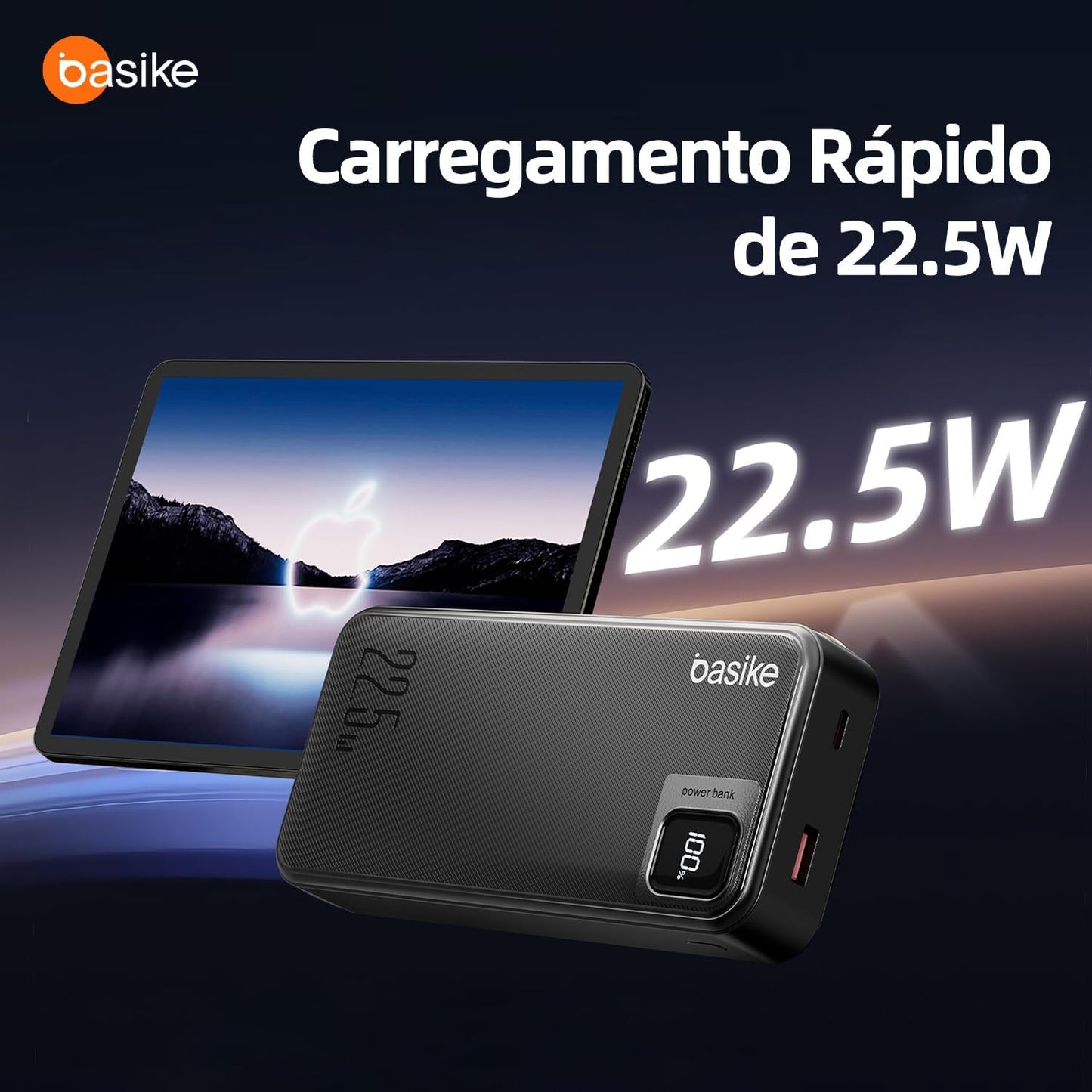 Basike Power Bank, Carregador Portátil Universal 20000mAh, USB-A(até 22.5W)+USB-C(até PD20W), com 2 Cabos Integrados (USB-C, Lightning) Carregamento Rápido, Led Indicador de Bateria (Preto)