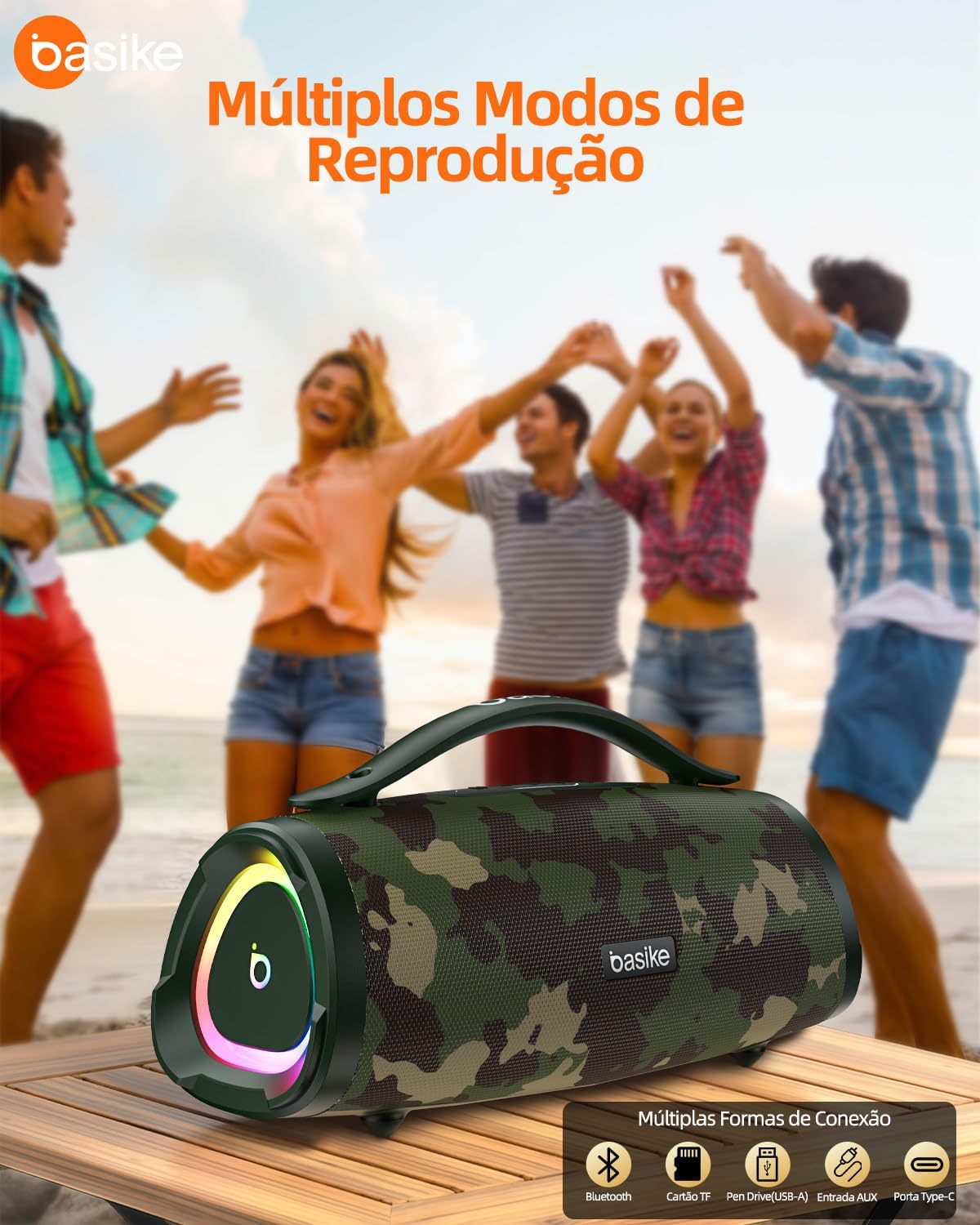 Basike Caixa de Som Bluetooth Portátil 100W RMS (160W Pico), TWS Estéreo, EQ, Microfone Integrado, Luzes RGB, IPX6 Resistente à Água, 12h de Bateria para Home Theater, Festa e Exterior – Preto