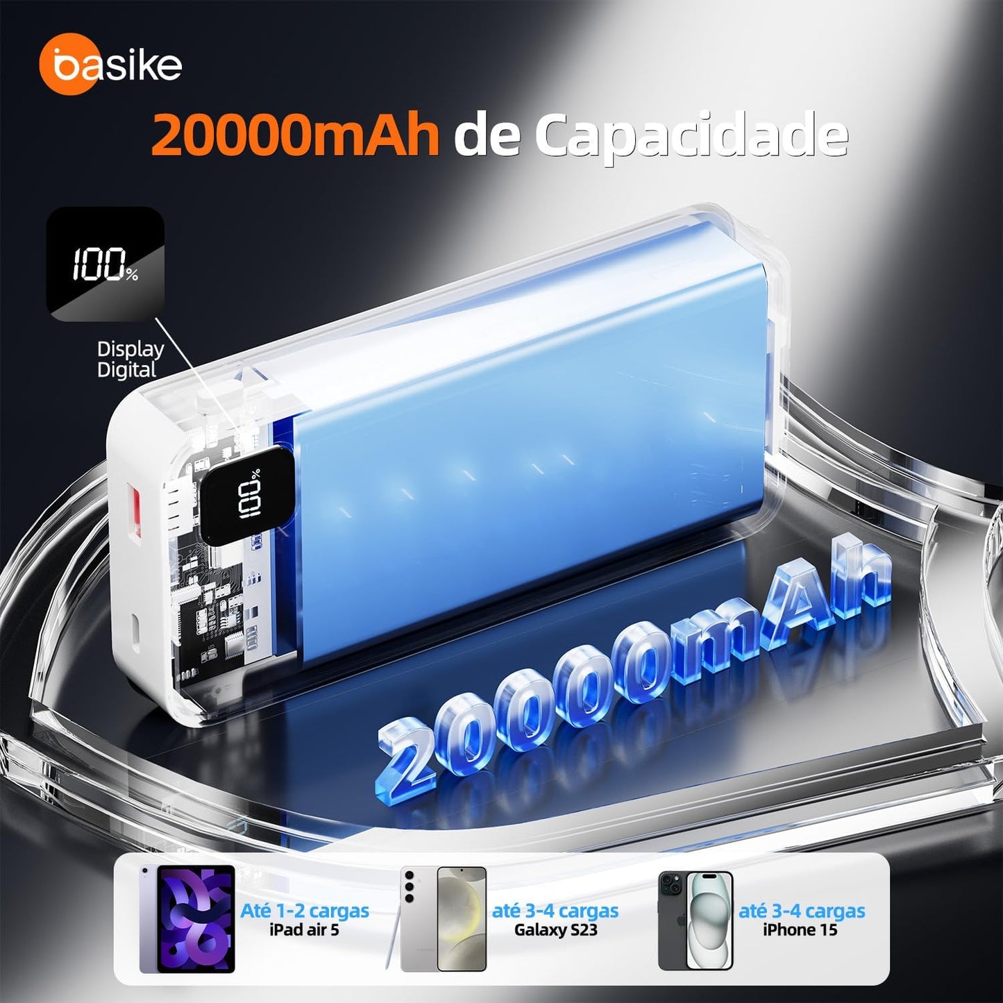 Basike Power Bank, Carregador Portátil Universal 20000mAh, USB-A(até 22.5W)+USB-C(até PD20W), com 2 Cabos Integrados (USB-C, Lightning) Carregamento Rápido, Led Indicador de Bateria (Preto)