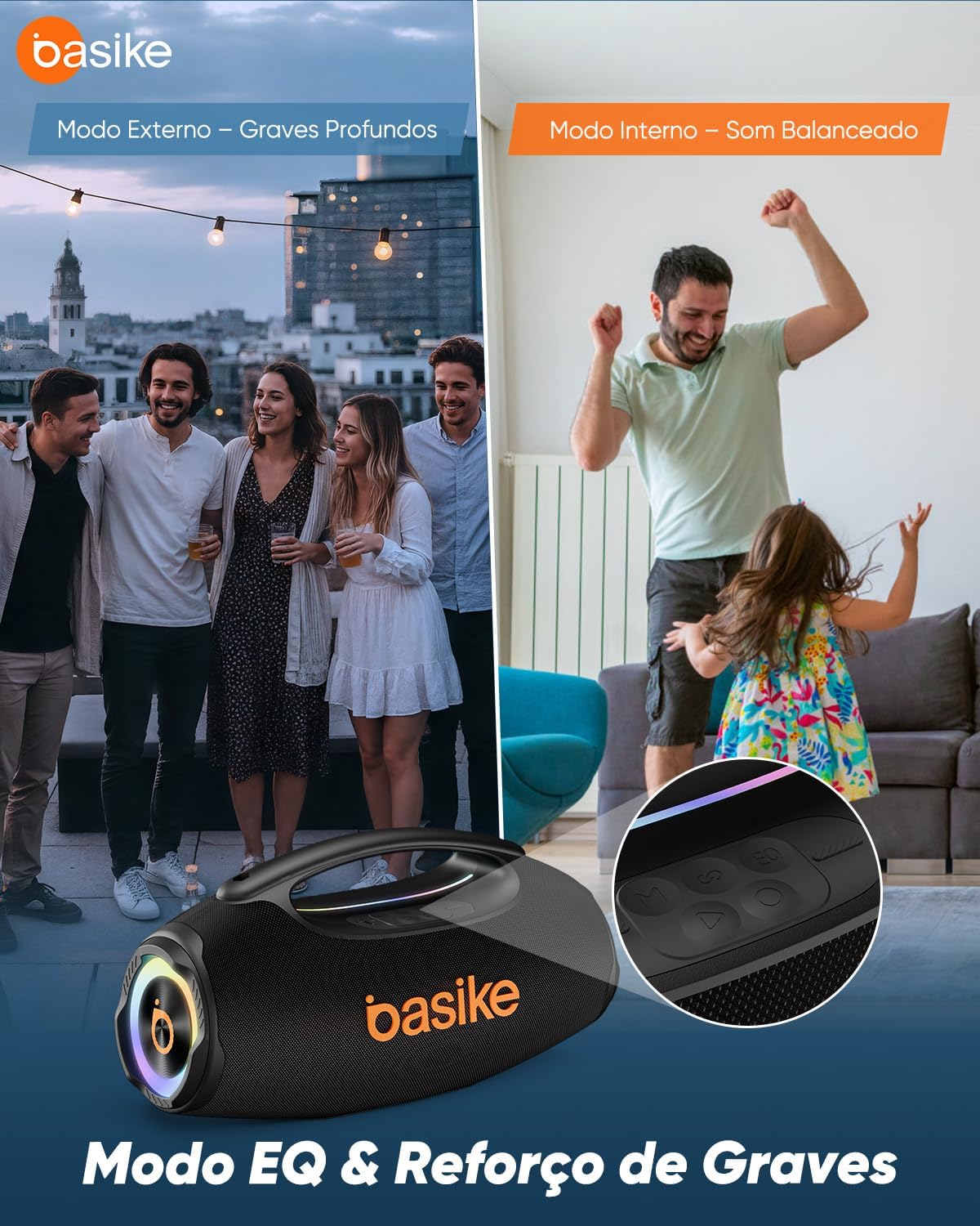 Basike Caixa de Som Bluetooth Portátil 80W RMS (Pico 120W), TWS Estéreo, Modos EQ, Luzes RGB, IPX6 Resistente à Água, Bateria 8000mAh, para Home Theater, Festa e Uso Externo – Preto