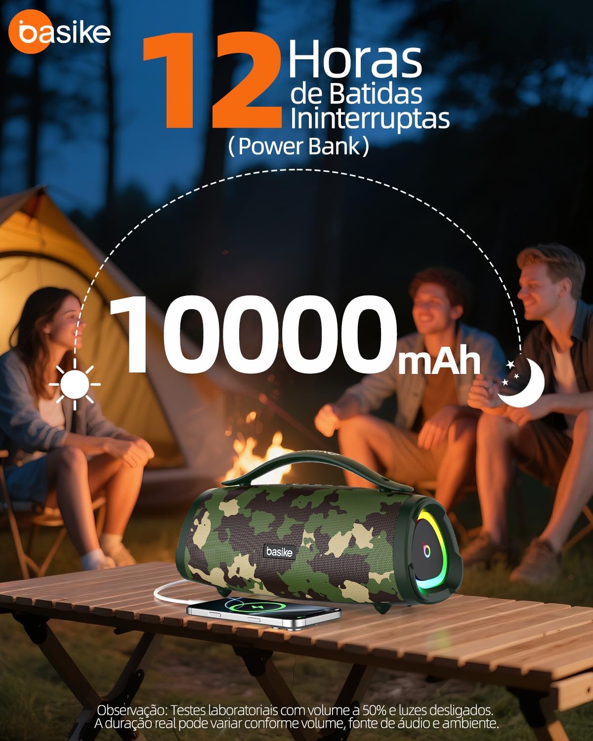 Basike Caixa de Som Bluetooth Portátil 100W RMS (160W Pico), TWS Estéreo, EQ, Microfone Integrado, Luzes RGB, IPX6 Resistente à Água, 12h de Bateria para Home Theater, Festa e Exterior – Preto