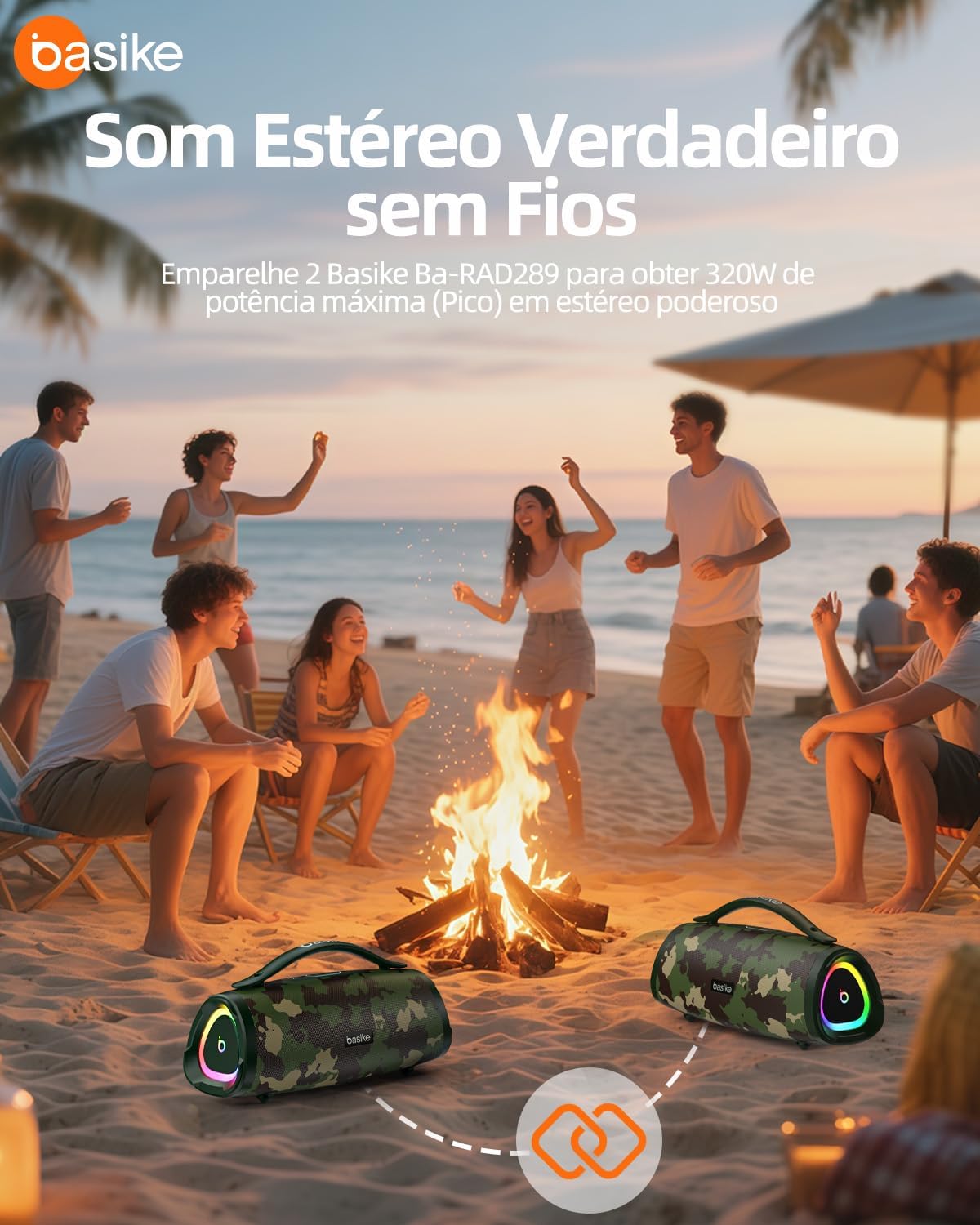 Basike Caixa de Som Bluetooth Portátil 100W RMS (160W Pico), TWS Estéreo, EQ, Microfone Integrado, Luzes RGB, IPX6 Resistente à Água, 12h de Bateria para Home Theater, Festa e Exterior – Preto