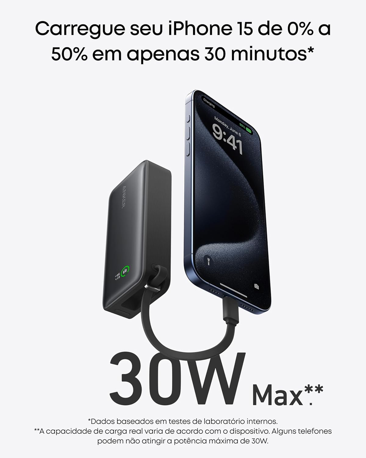 Anker Nano Power Bank, Carregador Portátil de 10.000 mAh com Cabo USB-C Integrado, Saída Máxima de 30W, para iPhone 17/iPhone 16/Série 15, MacBook, AirPods e Mais, Preto