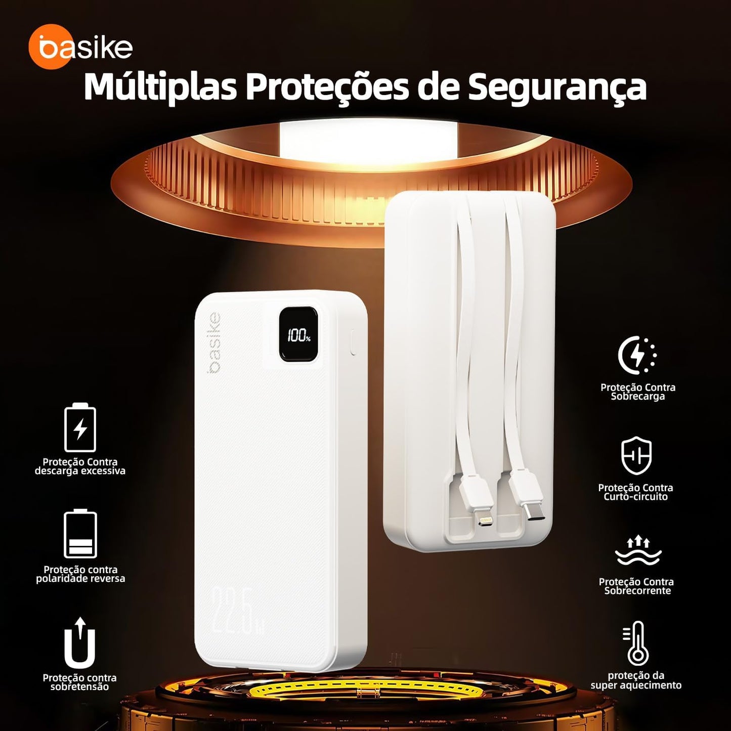 Basike Power Bank, Carregador Portátil Universal 20000mAh, USB-A(até 22.5W)+USB-C(até PD20W), com 2 Cabos Integrados (USB-C, Lightning) Carregamento Rápido, Led Indicador de Bateria (Preto)