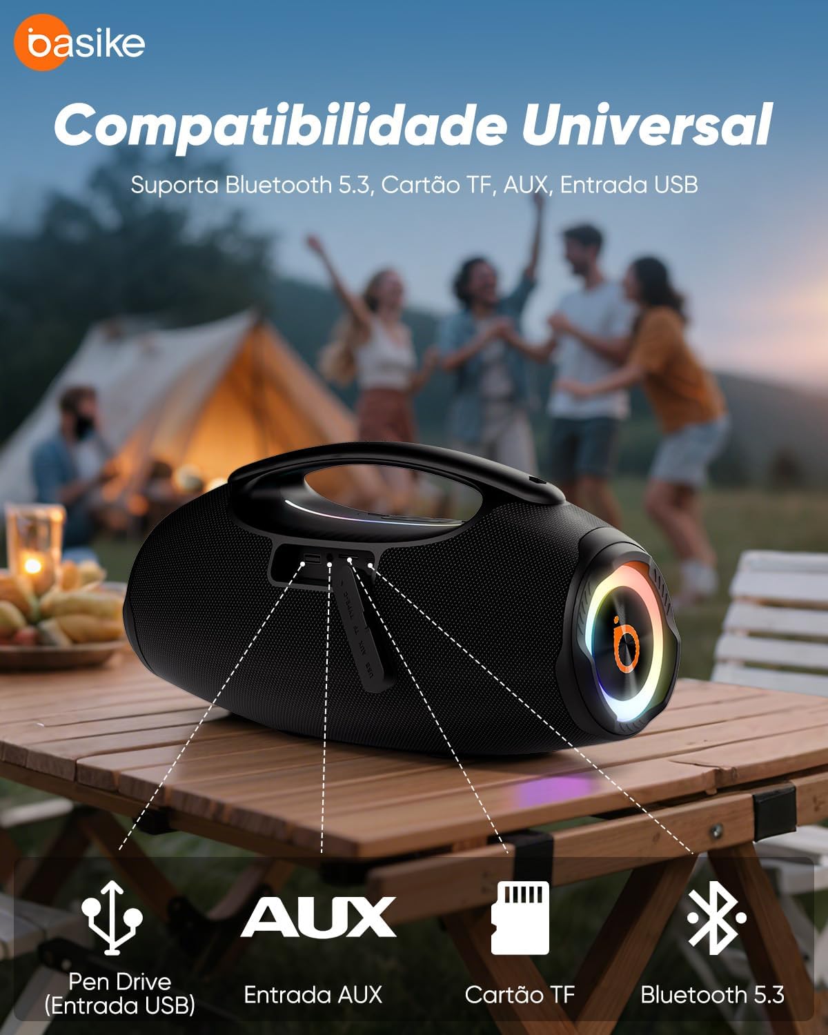 Basike Caixa de Som Bluetooth Portátil 80W RMS (Pico 120W), TWS Estéreo, Modos EQ, Luzes RGB, IPX6 Resistente à Água, Bateria 8000mAh, para Home Theater, Festa e Uso Externo – Preto