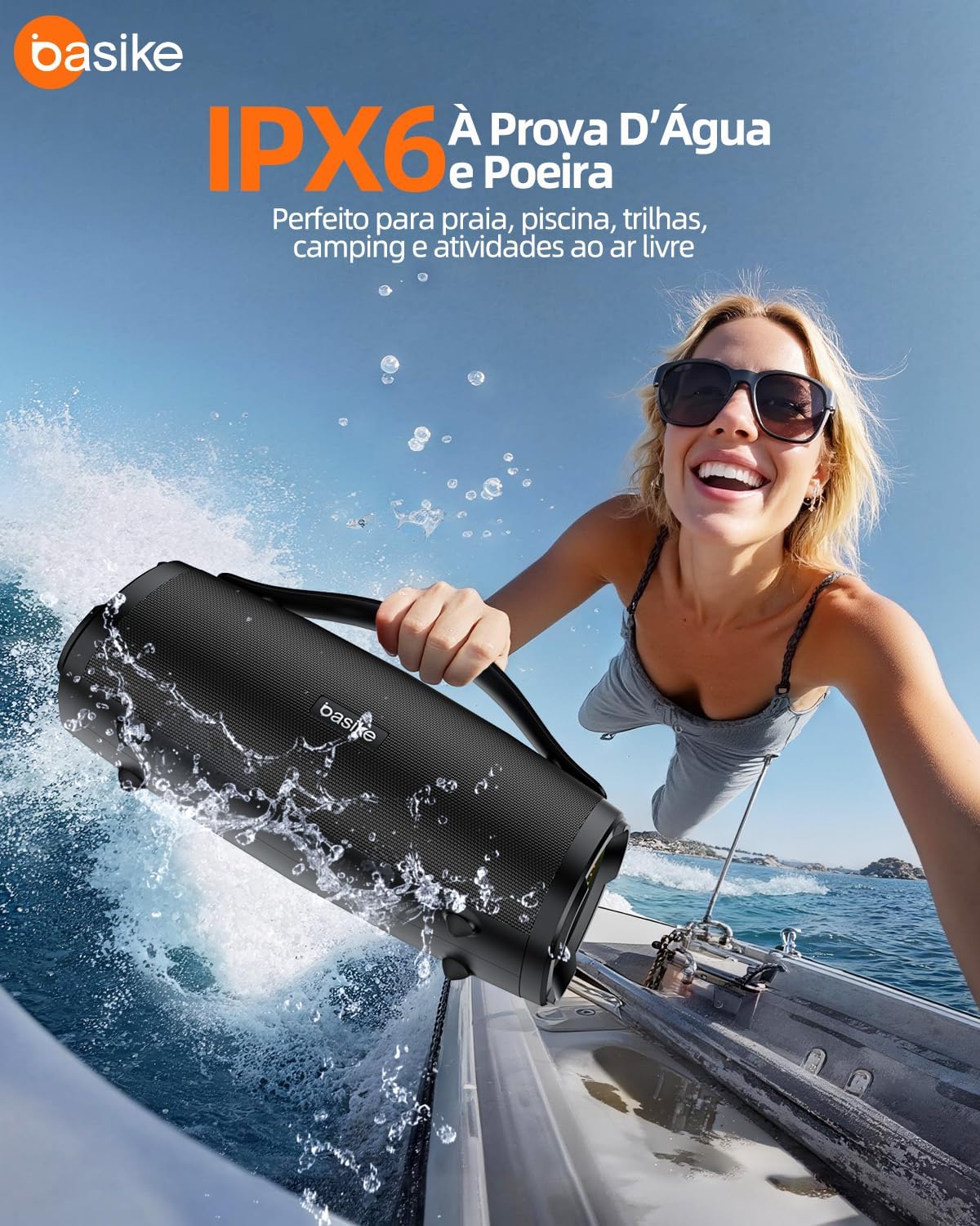 Basike Caixa de Som Bluetooth Portátil 100W RMS (160W Pico), TWS Estéreo, EQ, Microfone Integrado, Luzes RGB, IPX6 Resistente à Água, 12h de Bateria para Home Theater, Festa e Exterior – Preto