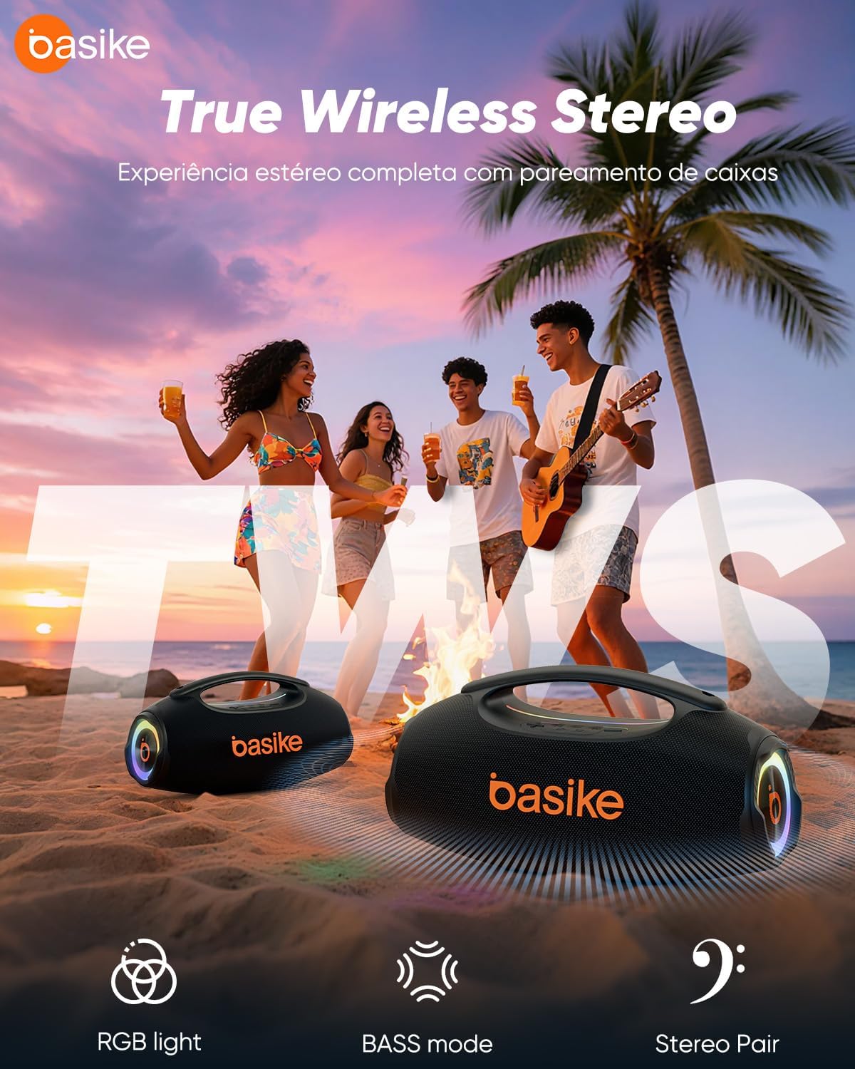 Basike Caixa de Som Bluetooth Portátil 80W RMS (Pico 120W), TWS Estéreo, Modos EQ, Luzes RGB, IPX6 Resistente à Água, Bateria 8000mAh, para Home Theater, Festa e Uso Externo – Preto