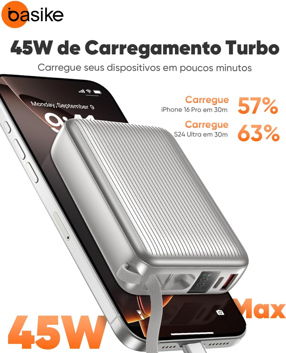 Basike Power Bank, Carregador Portátil 20000mAh 45W, 3-Saídas com Cabo USB-C Integrado, Bateria Externa de Carregamento Rápido PPS/PD/QC para iPhone Séries 16/15/14/13, Samsung S25/24/23/22/21 (Prata)