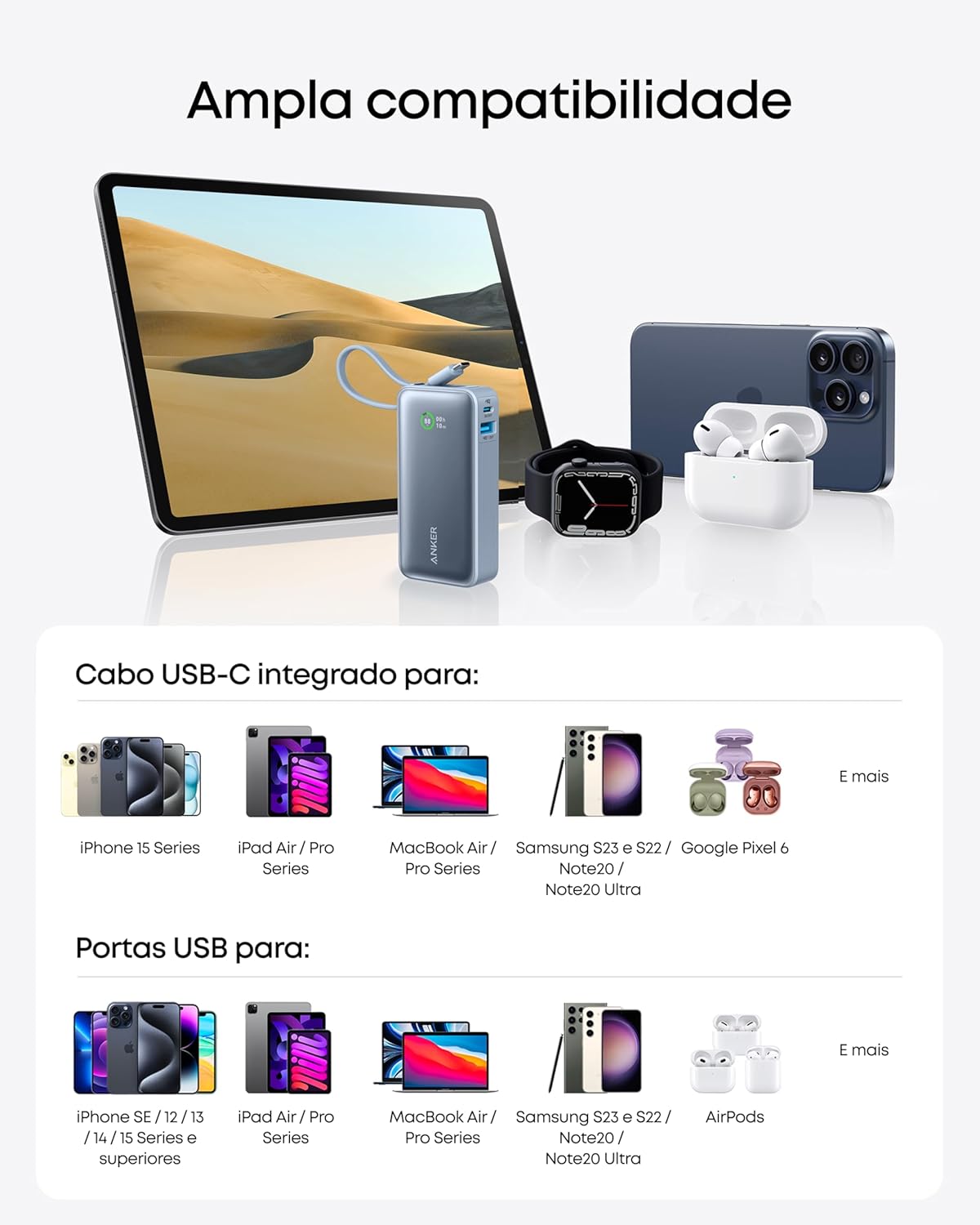 Anker Nano Power Bank, Carregador Portátil de 10.000 mAh com Cabo USB-C Integrado, Saída Máxima de 30W, para iPhone 17/iPhone 16/Série 15, MacBook, AirPods e Mais, Preto