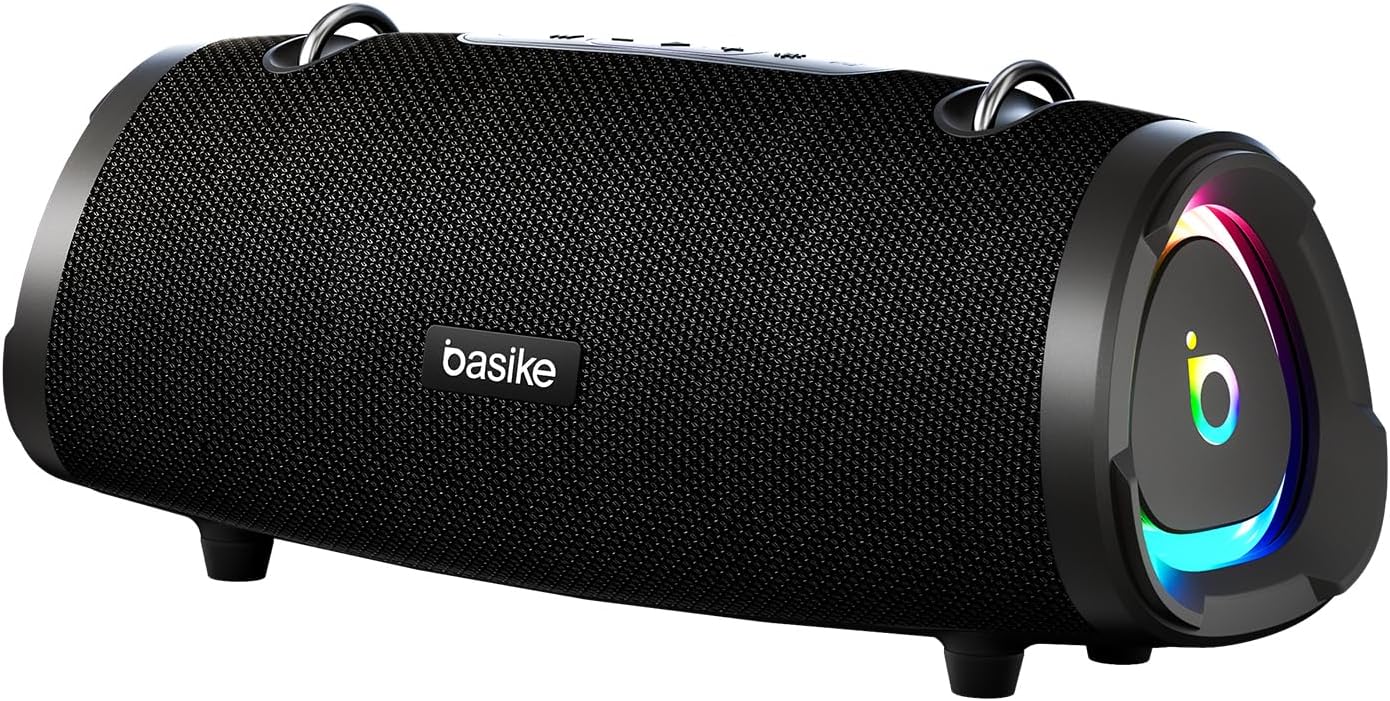 Basike Caixa de Som Bluetooth Portátil 100W RMS (160W Pico), TWS Estéreo, EQ, Microfone Integrado, Luzes RGB, IPX6 Resistente à Água, 12h de Bateria para Home Theater, Festa e Exterior – Preto