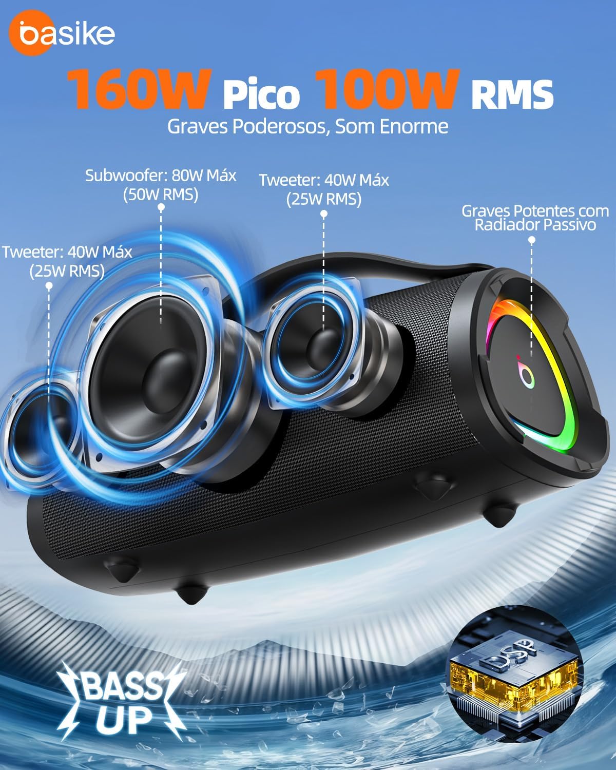 Basike Caixa de Som Bluetooth Portátil 100W RMS (160W Pico), TWS Estéreo, EQ, Microfone Integrado, Luzes RGB, IPX6 Resistente à Água, 12h de Bateria para Home Theater, Festa e Exterior – Preto