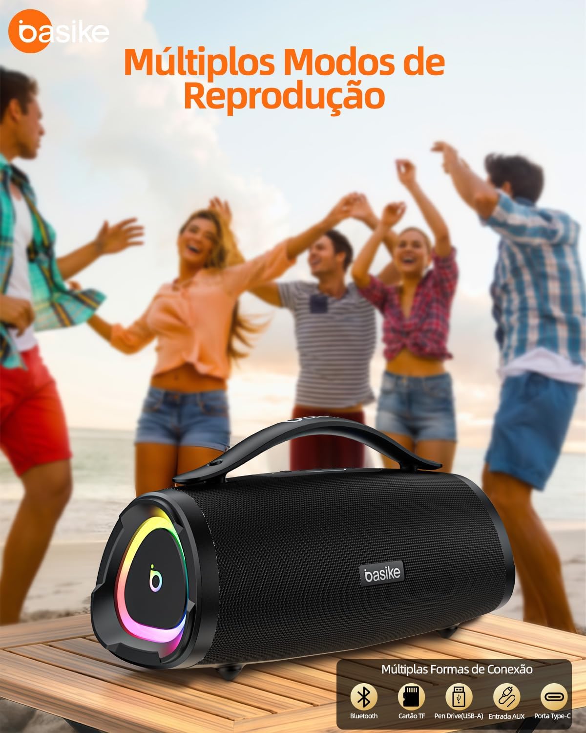Basike Caixa de Som Bluetooth Portátil 100W RMS (160W Pico), TWS Estéreo, EQ, Microfone Integrado, Luzes RGB, IPX6 Resistente à Água, 12h de Bateria para Home Theater, Festa e Exterior – Preto
