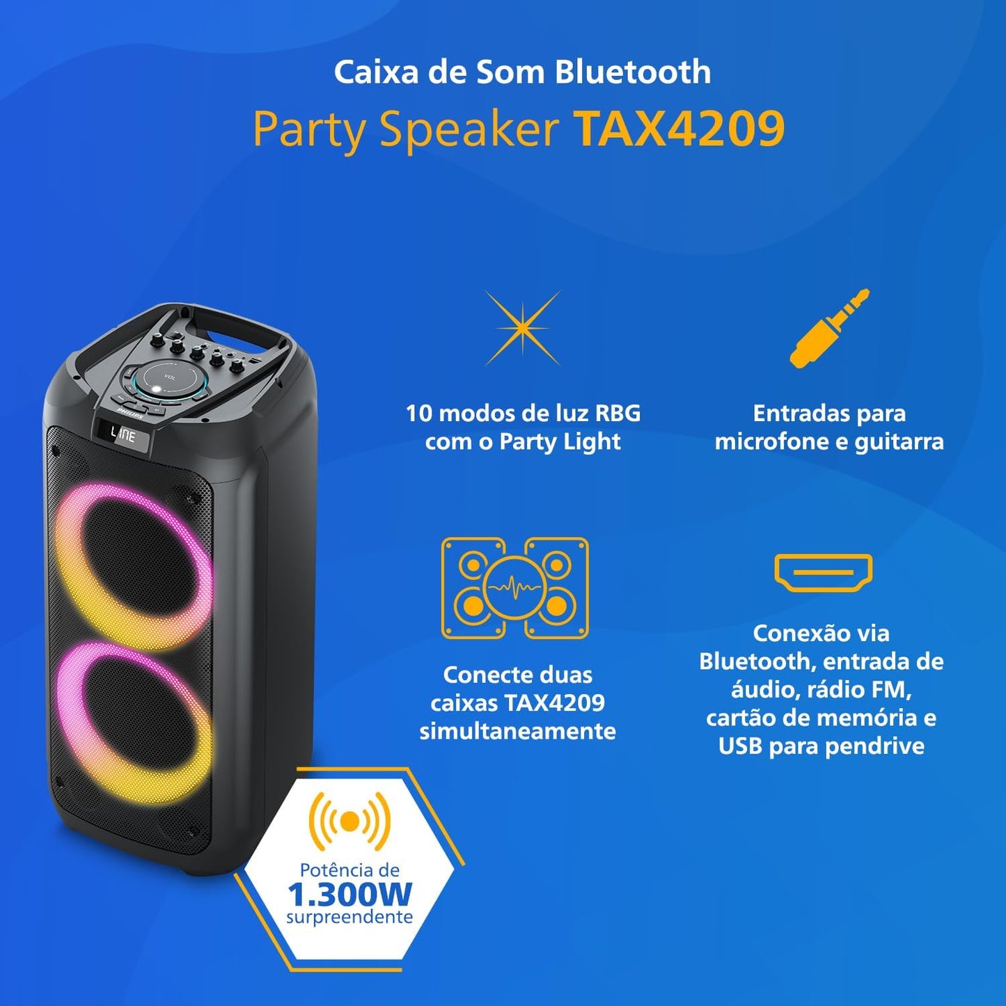 PHILIPS, Caixa de Som Bluetooth Party Speaker, com Luzes LED, TAX4209/78, FM, USB, Cartão SD, Auxiliar, TWS, Entradas Microfone/Guitarra
