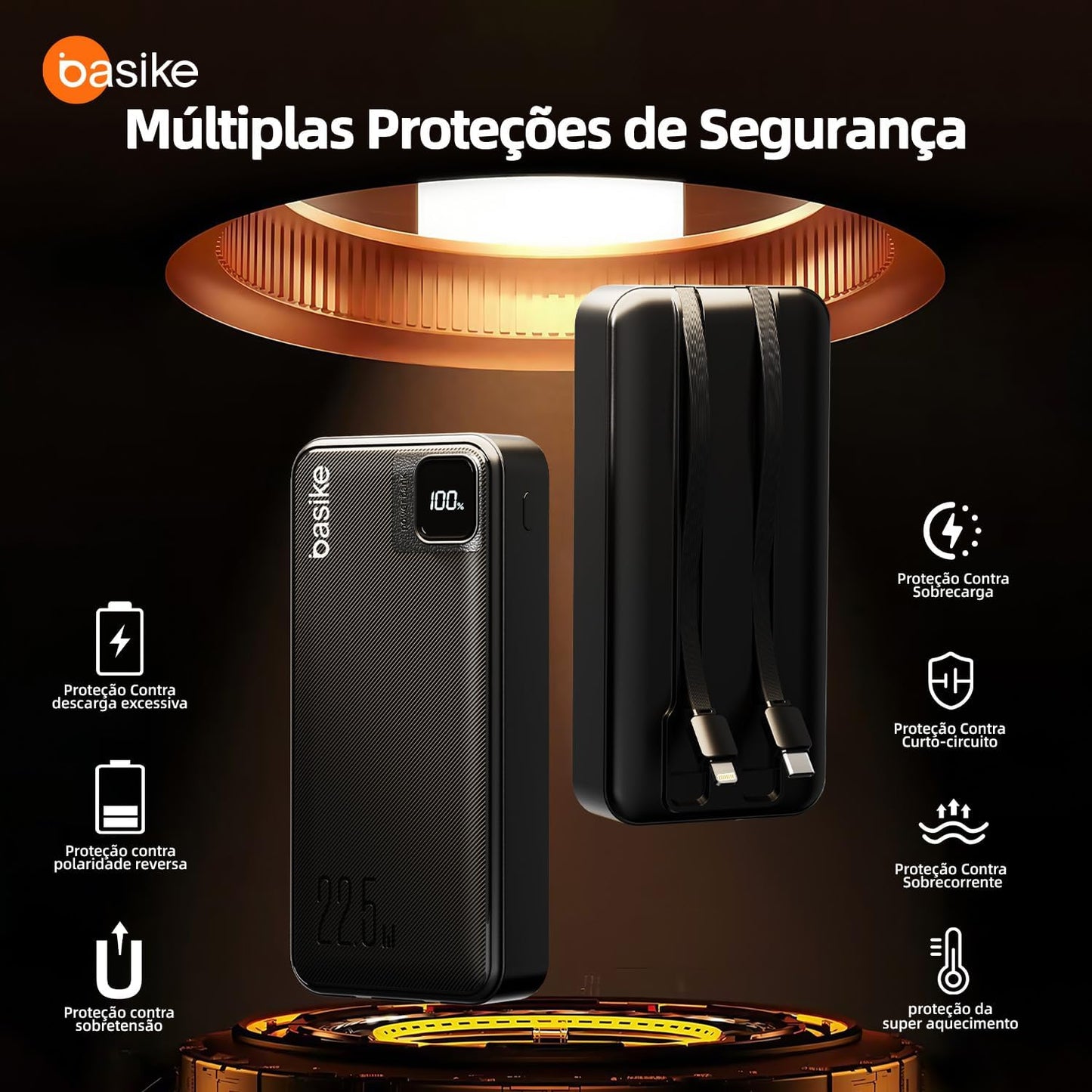Basike Power Bank, Carregador Portátil Universal 20000mAh, USB-A(até 22.5W)+USB-C(até PD20W), com 2 Cabos Integrados (USB-C, Lightning) Carregamento Rápido, Led Indicador de Bateria (Preto)